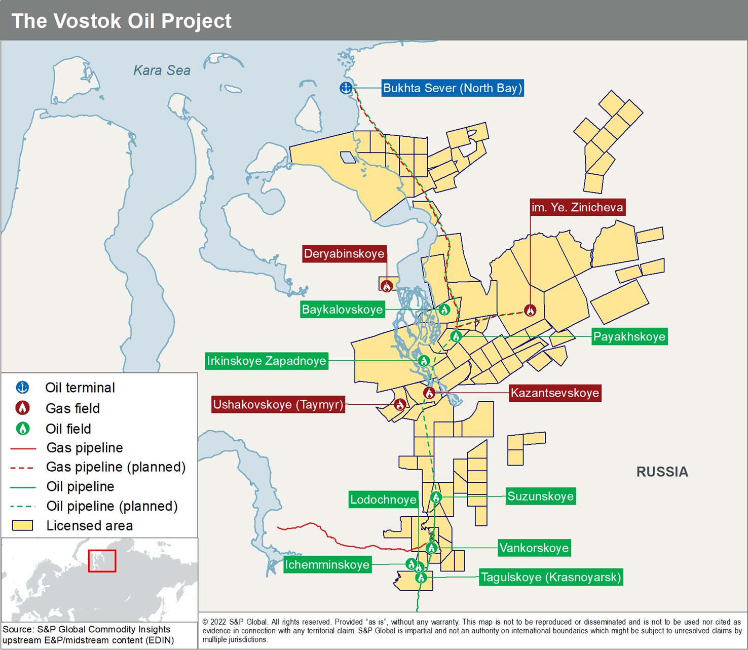 Figure 1: Location of the Vostok Oil Project and the Vankor Cluster. The Licensed area's represent licenses that could use the Bukhta Sever port infrastructure for export.