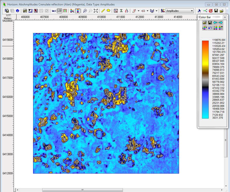 Figure 3 Time slice showing Shallow gas (yellow)