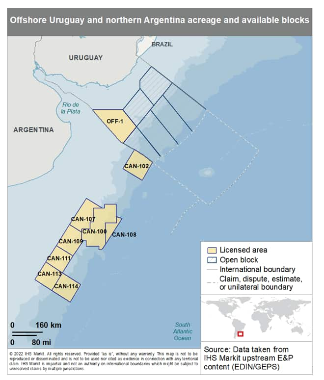 Offshore map of Uruguay and northern Argentina showing current licensed area and available blocks in Uruguay. 