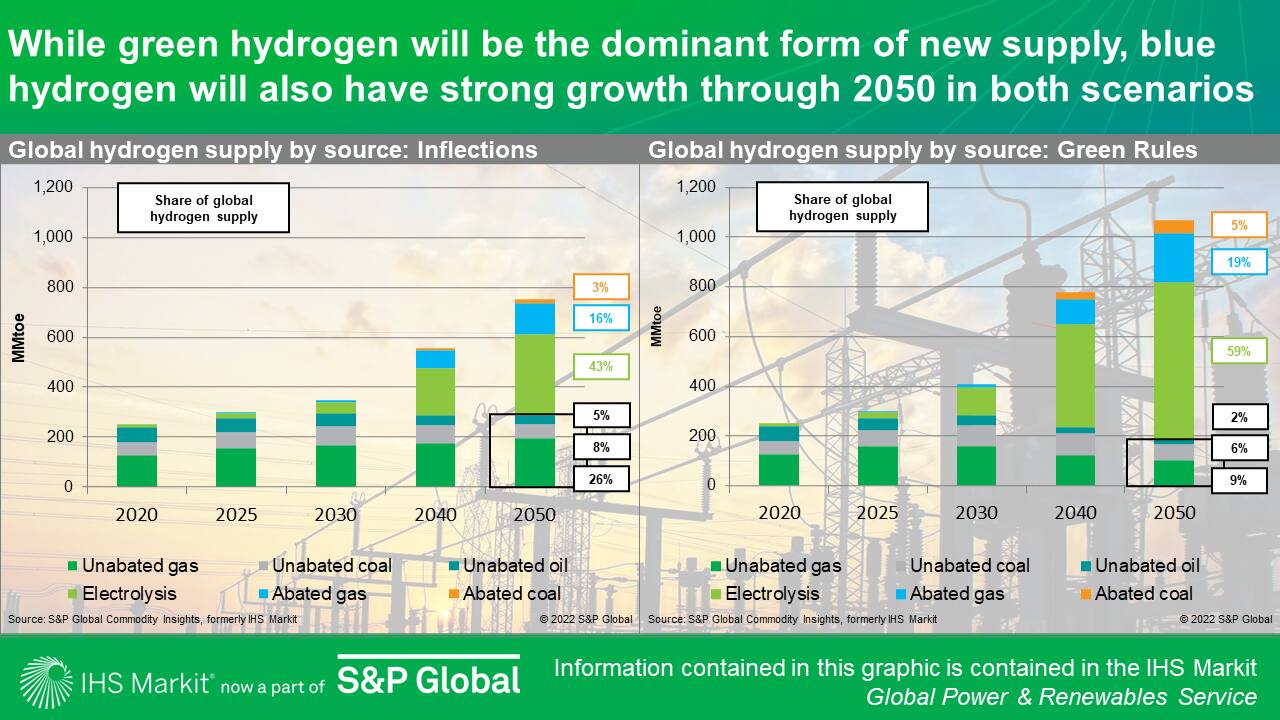 While green hydrogen will be the dominant form of new supply, blue hydrogen will also have strong growth through 2050 in both scenarios