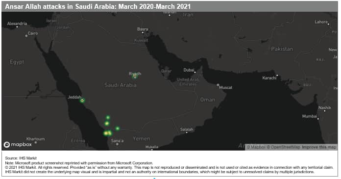 Ansar Allah attacks in Saudi Arabia March 2020 through March 2021