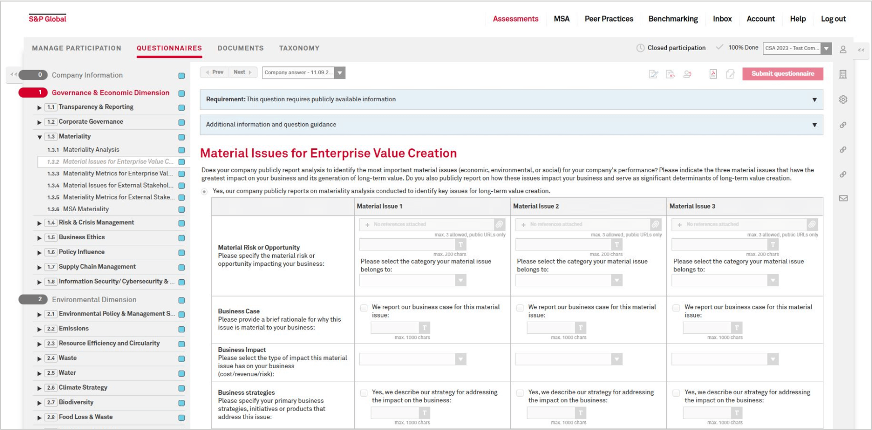 Screenshot of Questionnaire in the CSA Portal